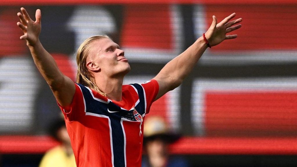 Erling Haaland merayakan gol di Piala Dunia 2026 bersama Norwegia