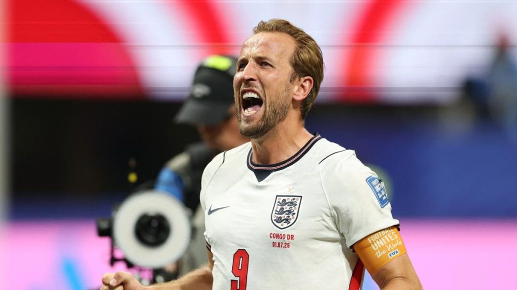 Harry Kane merayakan gol bersama Timnas Inggris saat menghadapi Meksiko di Piala Dunia 2026.